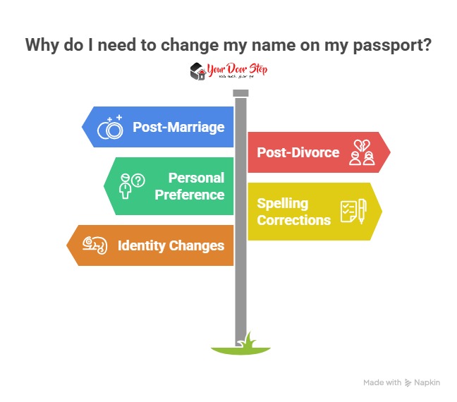 Why Do You Need a Name Change in Your Passport?

Under the latest 2026 Passport Seva rules, any change in personal details requires applying for passport reissue for change in existing personal particulars.

Common reasons for passport name change in India include:

Post-Marriage: Adopting a spouse's surname.
Post-Divorce: Reverting to a maiden name.
Personal Preference: Changing first name or surname legally.
Spelling Corrections: Fixing typographical errors in previous passports.
Religious or Personal Identity Changes: Adopting a new legal name.
