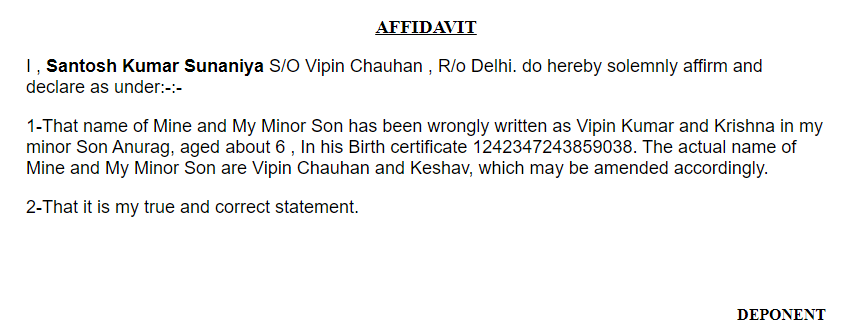 Affidavit for Name Change in Birth Certificate in Chhattisgarh