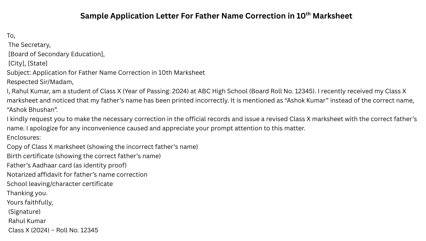 Sample Application Letter For Father Name Correction in 10th Marksheet