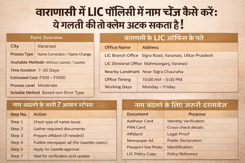 वाराणसी के LIC पॉलिसी में नाम चेंज कैसे करें